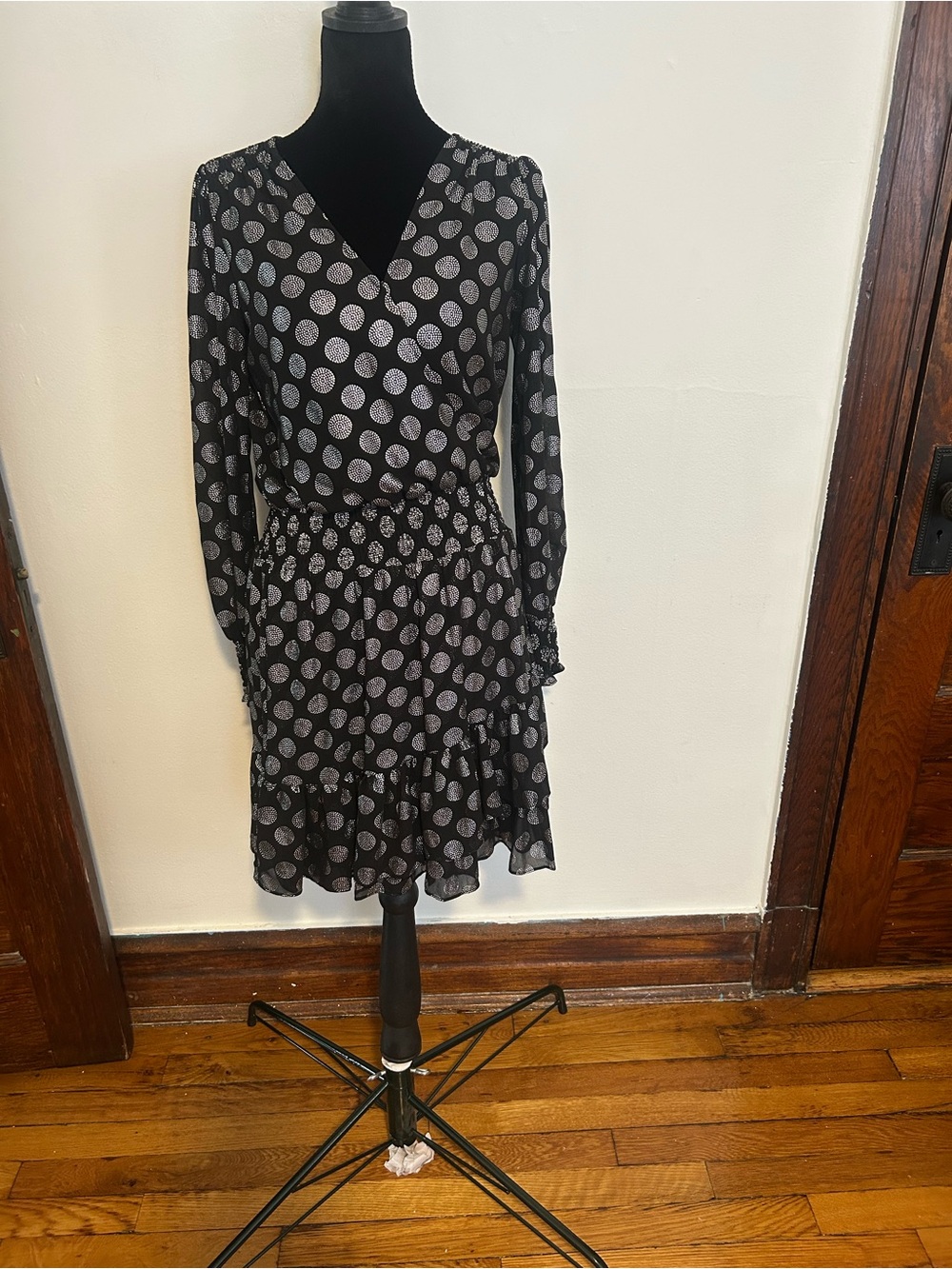 Michael Kors Black Dress with Silver Polka Dots - Long Sleeve. XS. Mini